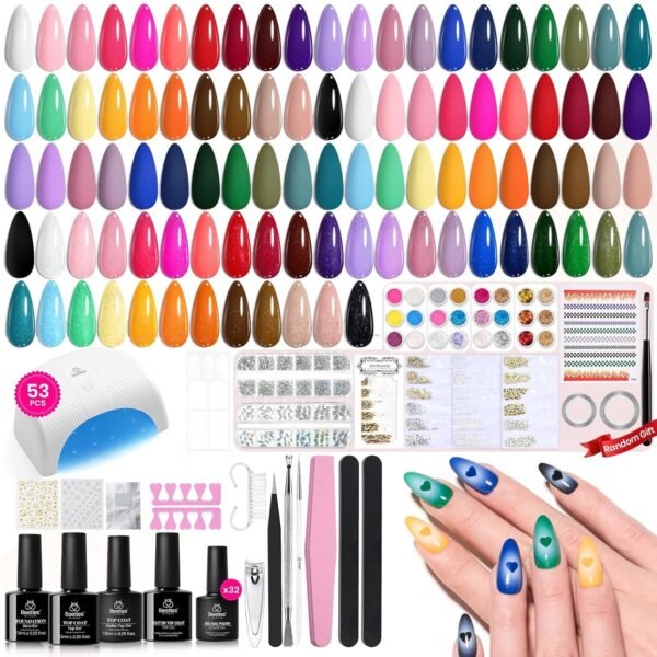 Beetles Gel Nail Polish Kit with U V Light 53 Pcs Emotional Spectrum 32 Colors Gel Polish Nail Kit with Base and Matte&Glossy Top Coat Soak Off Pink Red Color All Season Manicure Tools Decoration Plus