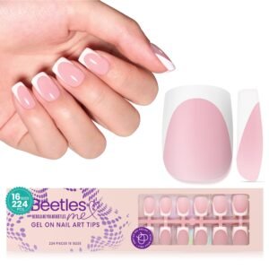 Beetles X Press Plus French Tip Nails Short Square - 16 Sizes 224 Pcs Natural Salon Quality Gel Nail Tips