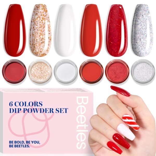 Candy Cane |  6 Color Powder Dip Red Glitter Salon  Nail Kit  set
