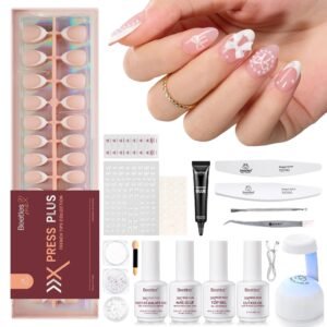 Beetles X Press Gel Nail Kit, French Tip Press On Nails Short Almond Kit with 224Pcs Nail Tips
