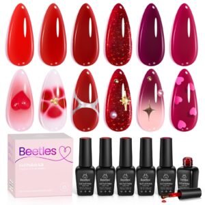 Beetles Gel Polish Luminous Ruby -  Valentines Nails 6 Colors Sheer Red Shimmer Burgundy Jelly Gel Nail Polish Set