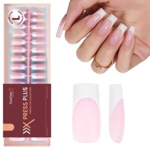 Beetles French Tip Press on Nails Long Square Salon Quality - White French Pink Gel Nail Tips 15 Sizes
