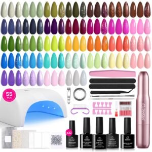 Beetles 55Pcs Gel Nail Polish Kit Valentine Nails with U V Light and Nail Drill - 32 Color Gel Nails Kit