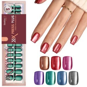 Beetles X Press Plus Cat Eye Nails Galaxy Aurora - 16 Sizes 224 Pcs 7 Colors Short Square Press On Nails